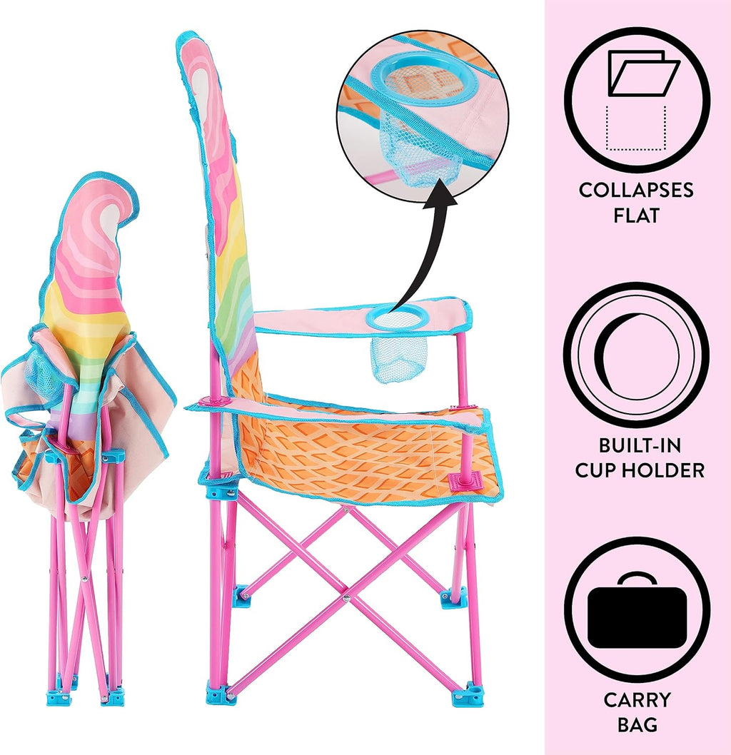 Heritage Kids Ice Cream-Themed Figural Folding Camp Chair,Lightweight Portable Chair with Carry Bag & Cup Holder,Kids Outdoor/Indoor Seating for Ages 6+,14"x14"x26"