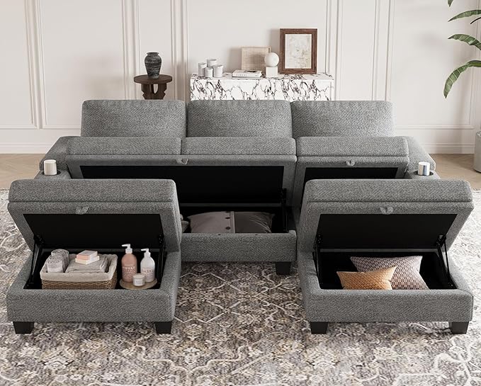 Belffin Small Corner Modular Sectional Couches for Living Room U Shaped Couch with Cup Holder Light Grey Couch