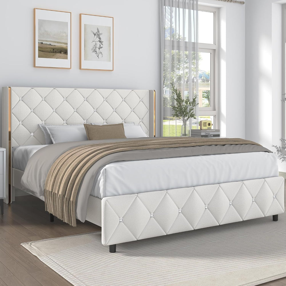 Lullabyre Queen Size Upholstered Bed Frame, Diamond Tufted Wingback Headboard...