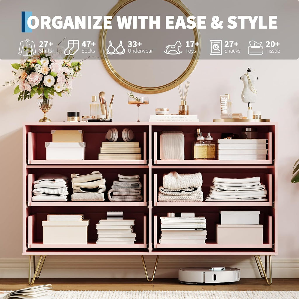 Garvee Fluted Dresser for Bedroom with 6 Drawers,47" Wide Modern Chest of Wooden Bedroom Chest with Metal Handle,Clothes Storage Organizer,Closet Dresser & TV Stand for Living Room,Hallway,6&Pink