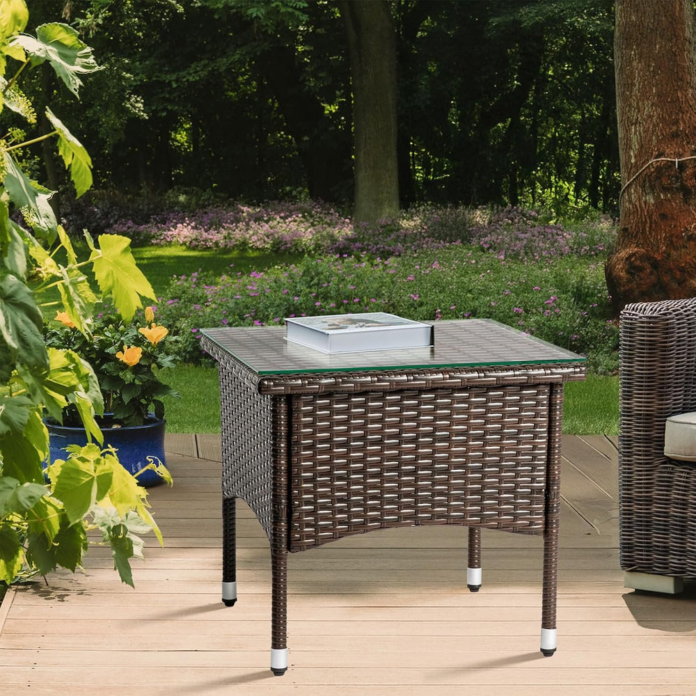 VINGLI Outdoor Wicker Side Table Patio Side Tables for Outside, Tempered Glas...