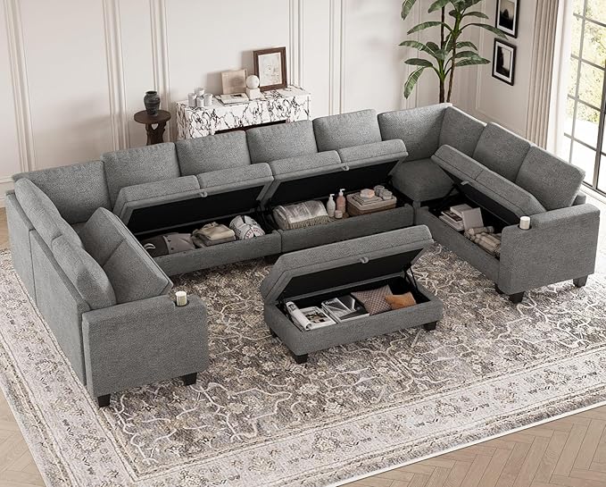Belffin Oversized U Shaped Modular Sectional Couches for Living Room 10 Seater Modular Sofa Set with Storage Ottoman Large Sectional Couch with Cup Holder. Light Grey Sofa