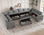 Belffin Oversized U Shaped Modular Sectional Couches for Living Room 10 Seater Modular Sofa Set with Storage Ottoman Large Sectional Couch with Cup Holder. Light Grey Sofa