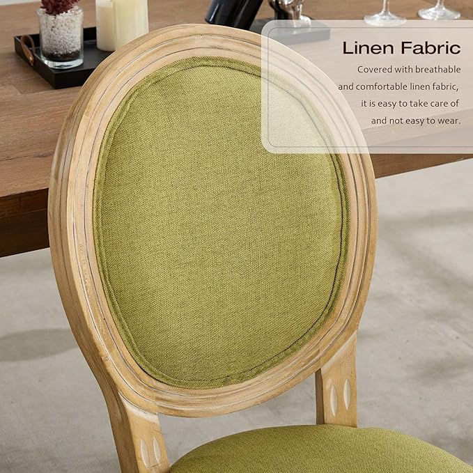 Linen Upholstered Dining Chairs Set of 6 French Country Oval Fabric Back Kitchen Side Chair with Wood Legs for Dining Room, Kitchen, Restaurant(Olive Green-Fabric)