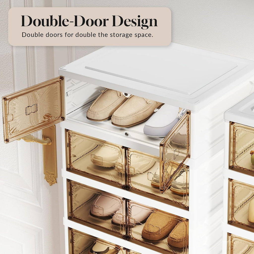 6-Tier Foldable Shoe Rack Organizer, 24 Pairs Stackable & Collapsible Shoe Cabinet with Transparent Doors & Leather Handles, Space-Saving Storage for Entryway, Closet, Kitchen, Cabinet, White