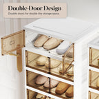 6-Tier Foldable Shoe Rack Organizer, 24 Pairs Stackable & Collapsible Shoe Cabinet with Transparent Doors & Leather Handles, Space-Saving Storage for Entryway, Closet, Kitchen, Cabinet, White