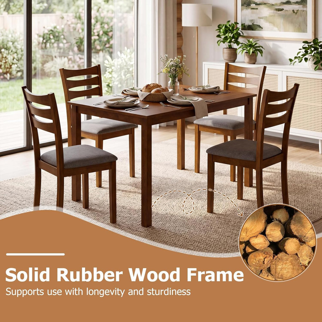 Giantex Dining Table Set for 4, Rectangular Kitchen Table Set w/ 4 Upholstered Chairs & Solid Rubber Wood Frame, Space-Saving Farmhouse Dinette Set for Small Space, Dining Room, Breakfast Nook