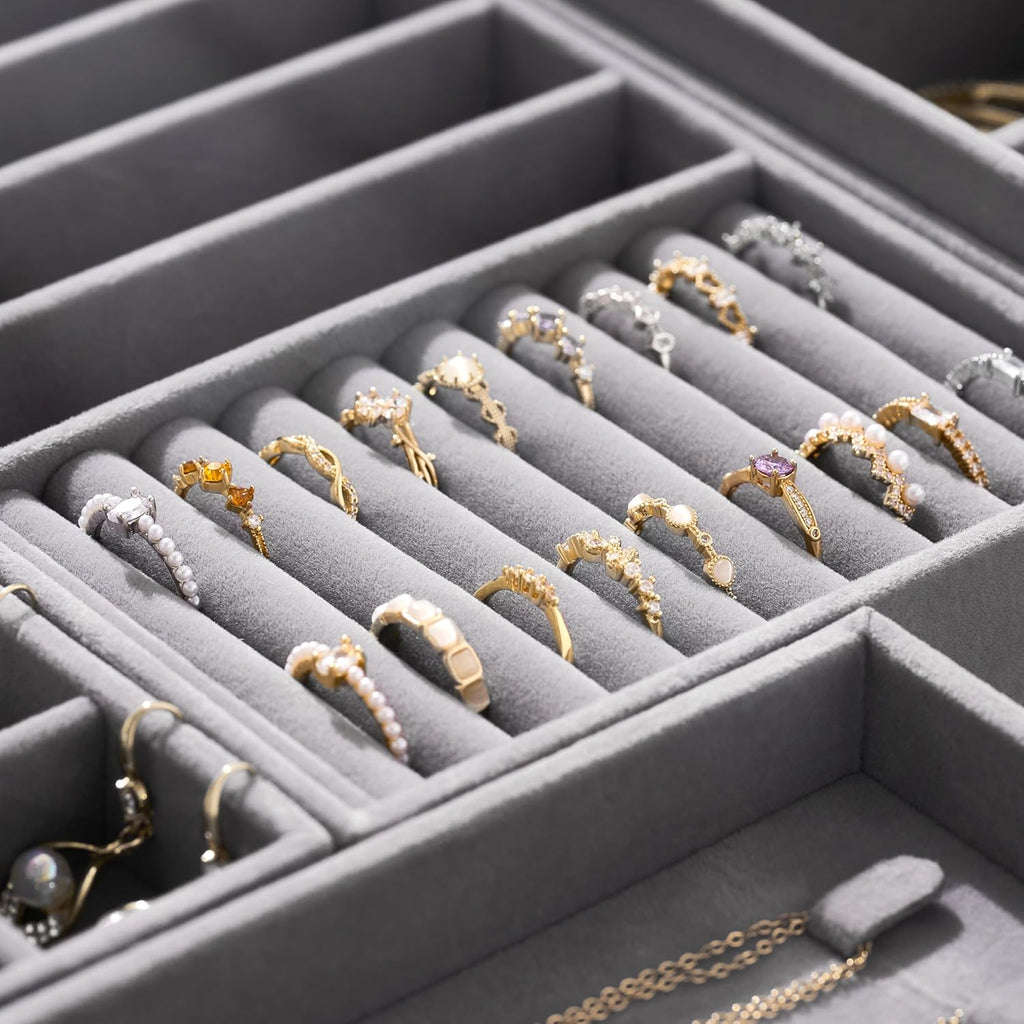 Velvet Jewelry Drawer Organizer Trays – Grey Stackable Jewelry Storage Inserts Set, 4-Layer Jewelry Tray Set for Earrings, Rings, Necklaces, Bracelets with Removable Dividers for Dresser & Vanity