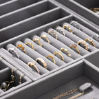 Velvet Jewelry Drawer Organizer Trays – Grey Stackable Jewelry Storage Inserts Set, 4-Layer Jewelry Tray Set for Earrings, Rings, Necklaces, Bracelets with Removable Dividers for Dresser & Vanity