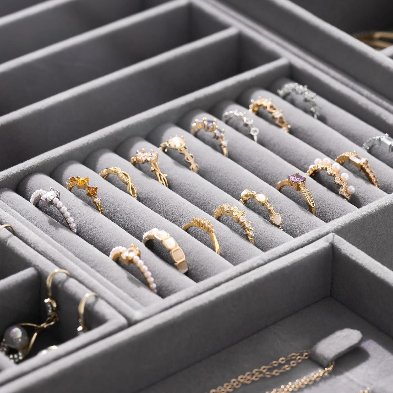 Velvet Jewelry Drawer Organizer Trays – Grey Stackable Jewelry Storage Inserts Set, 4-Layer Jewelry Tray Set for Earrings, Rings, Necklaces, Bracelets with Removable Dividers for Dresser & Vanity