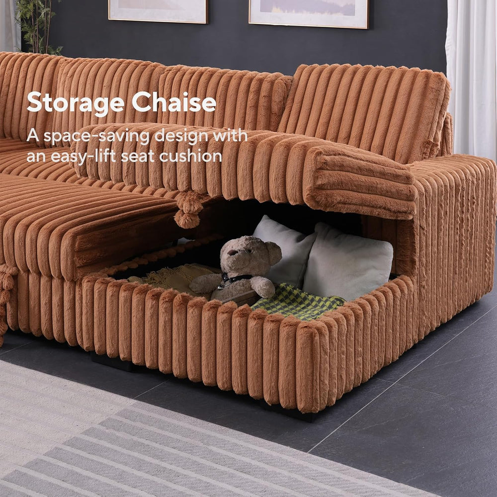 122'' Convertible U-Shaped Faux Rabbit Fur Plush Sectional Sleeper So...