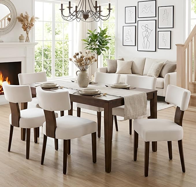 Mid Century Modern Dining Chairs Set of 6, Upholstered Wooden Dining Room Chairs, Farmhouse Kitchen Chairs, Accent Armless Side Chairs with Curved Back for Living Room, Cream Velvet, 6PCS