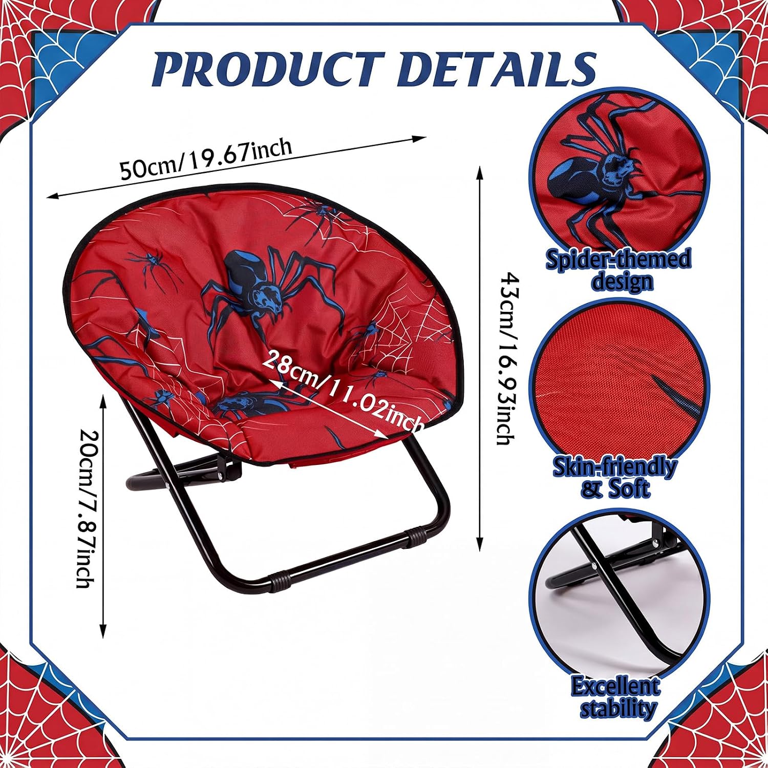 Fumete Spiderweb Folding Saucer Chair with Cushion Portable Foldable Round Metal Camping Saucer Chair Comfortable Collapsible Chairs for Indoor Outdoor Halloween Decor Patio Camping Bedroom