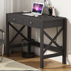 ChooChoo Computer Desk with USB Charging Ports and Power Outlets, 39" Black Desk with Drawers, Small Study Writing Table with Stable X Frame for Home Office