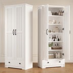Decofy 70" Tall Storage Cabinets, Large Wood Storage Pantry Cabinet with 6 Adjustable Shelves, 2 Striped Doors&Drawer, Standing Utility Cabinet for Kitchen, Bathroom, Dining Room, Antique(Soft White)