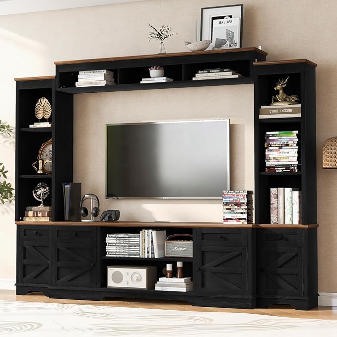 98.8" W Wall Unit Entertainment Center with Bookshelves for TVs up to 80", Modern TV Stand Media Console with Cabinets and Adjustable Shelves for Living Room (Black+Brown2)