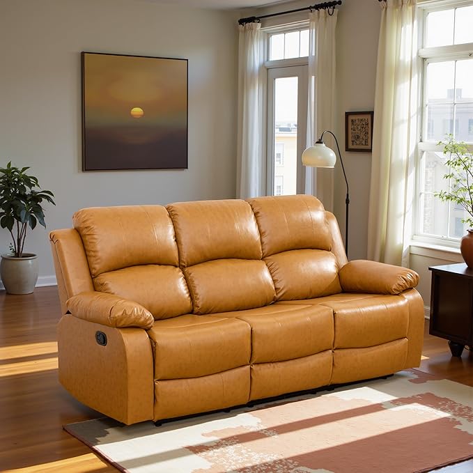 Recliner Sofa Set Couches for Living Room Chair Semi PU Fabric Living Room Furniture Sets, Adjusted Loveseat Reclining Couch Furniture Sofa Set for Theater Seating, 3-Seater, Ginger
