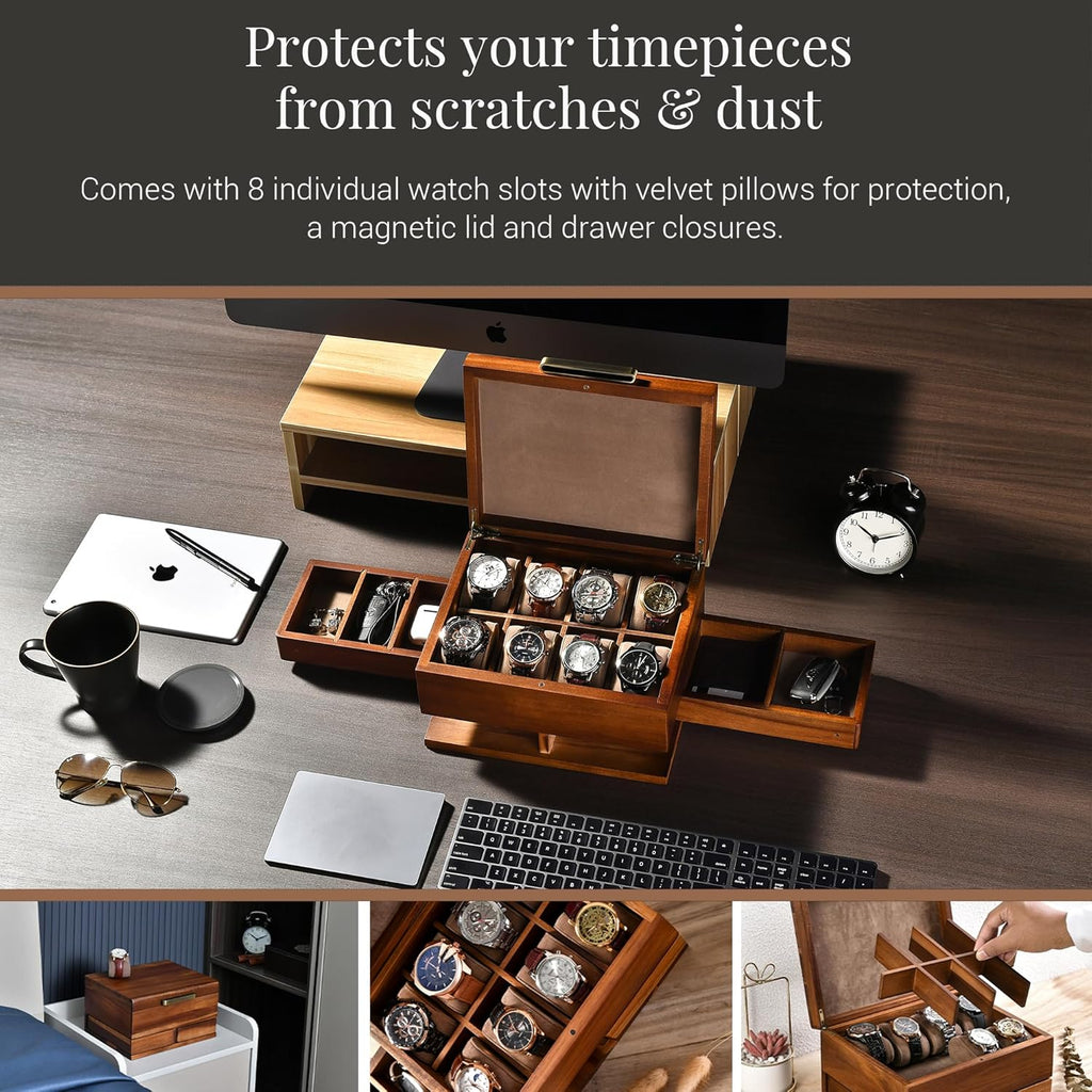 Shanik Luxury Large Watch Box for Men – 8 Slot Organizer with Velvet Pillows, Pull-Out Drawers for Accessories, Jewelry & Oversized Timepieces