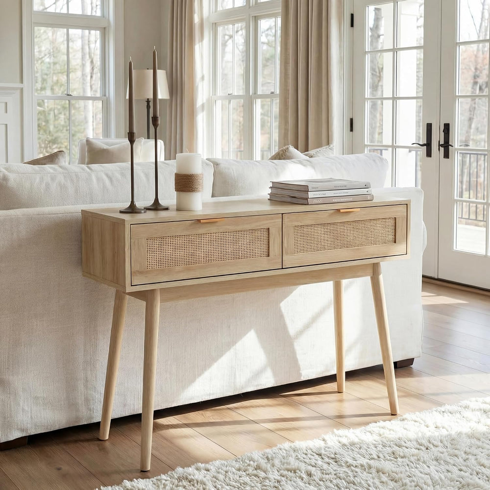 HOPUBUY Console Table Rattan Desk with Drawers,Narrow Sofa | Pine Leg, Modern...