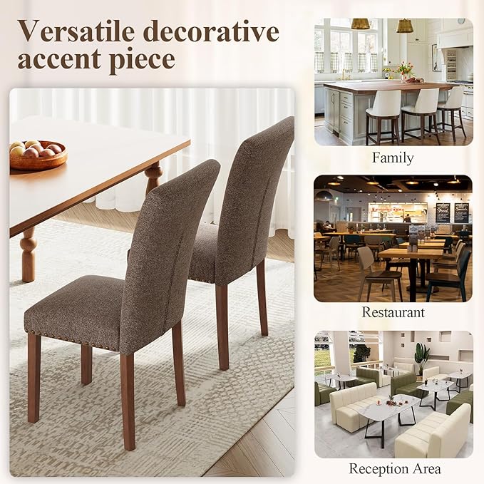 Stylish Dining Chairs Set of 4, Upholstered Parsons Dining Room Chair with Nailhead Trim, Kitchen Room Chair with Thick Cushions and Wood Legs, Nailhead Trim, Brown