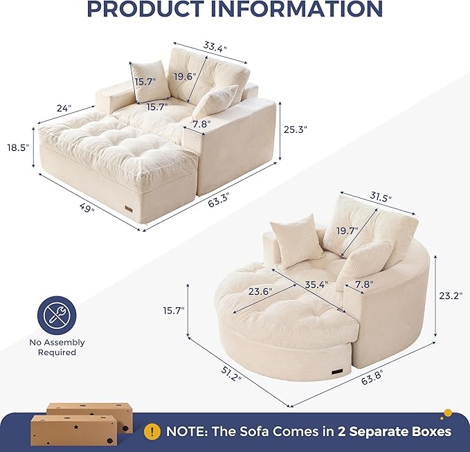 MAXYOYO Modular Sectional Chaise Lounge Sofa, 2 Sets Upholstered Lounge Chair with Ottoman, Comfy Round+ Square Couch with Layered Cushion, Tufted Sleeper Chair for Living Room, No Assembly, Beige
