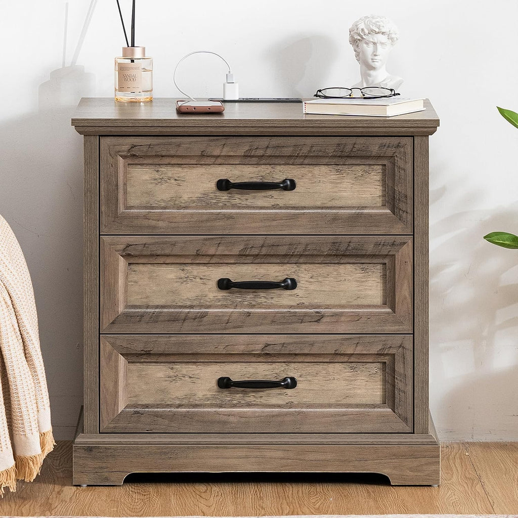 HOMMPA 24'' Farmhouse Nightstand with Charging Station, Bedside Tables with Storage, Side Table with AC Outlets & USB Port, 3 Drawers End Table Dresser, Wood Night Stand for Bedroom, Greige