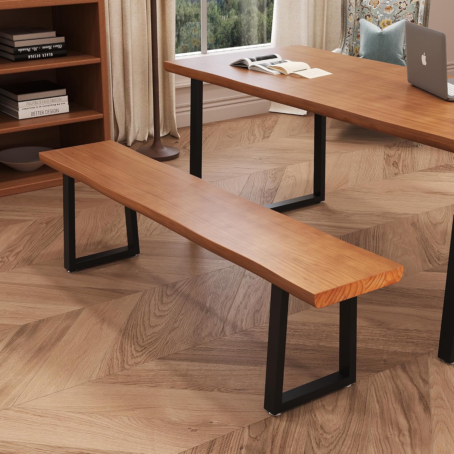 Durable Solid Wood Top Bench with Sturdy Metal Legs – Versatile Dining & Office Seating - Multi-Size Options Ideal for Living Room, Dining Room, and Home Office(Dark yellowbench, 62.99in)