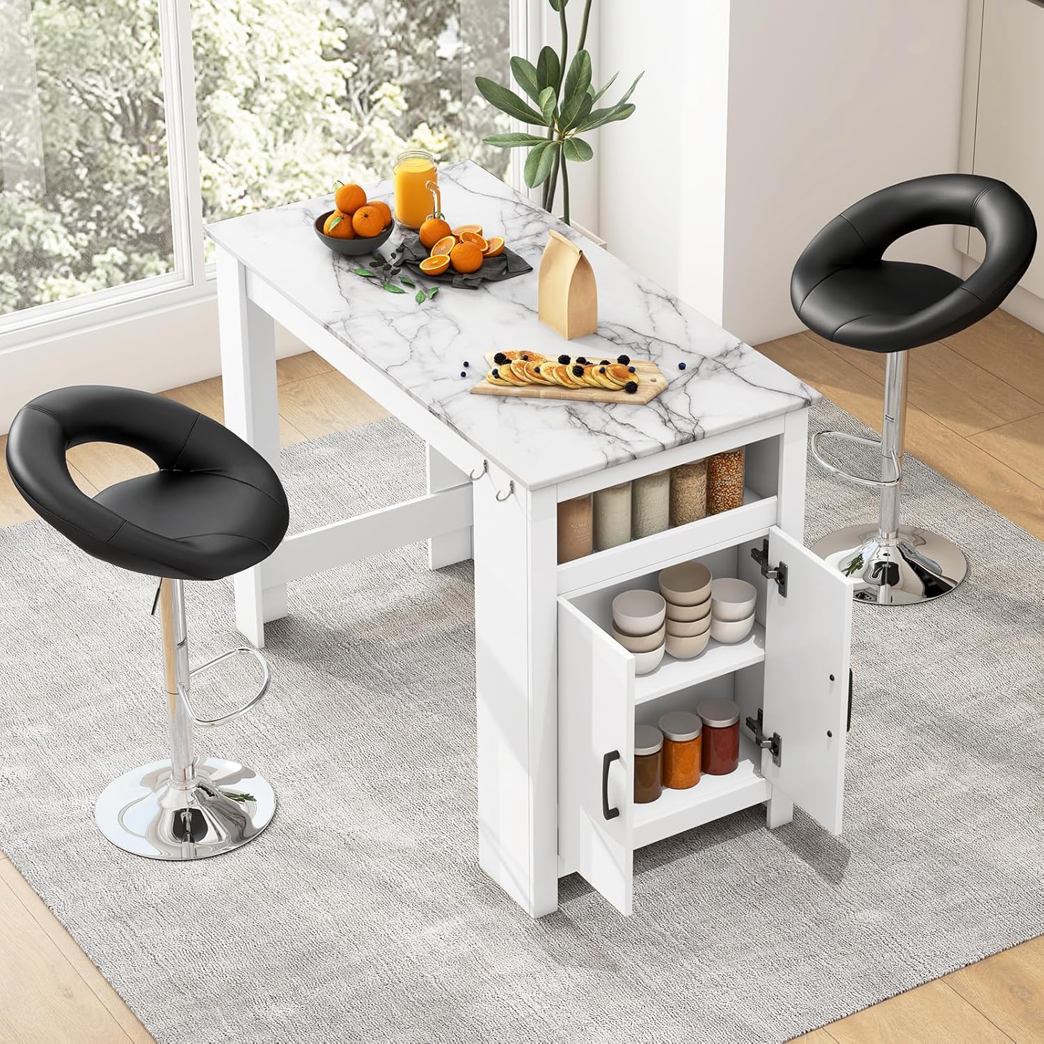 COSTWAY Bar Table, Modern Faux Marble Breakfast Table with 7 Hanging Hooks, Open Compartment, Storage Cabinet & Adjustable Shelf, Counter Height Dining Table for Kitchen, Dining Room, Living Room | 7 Hanging Hooks, Open Compartment, Storage Cabinet &