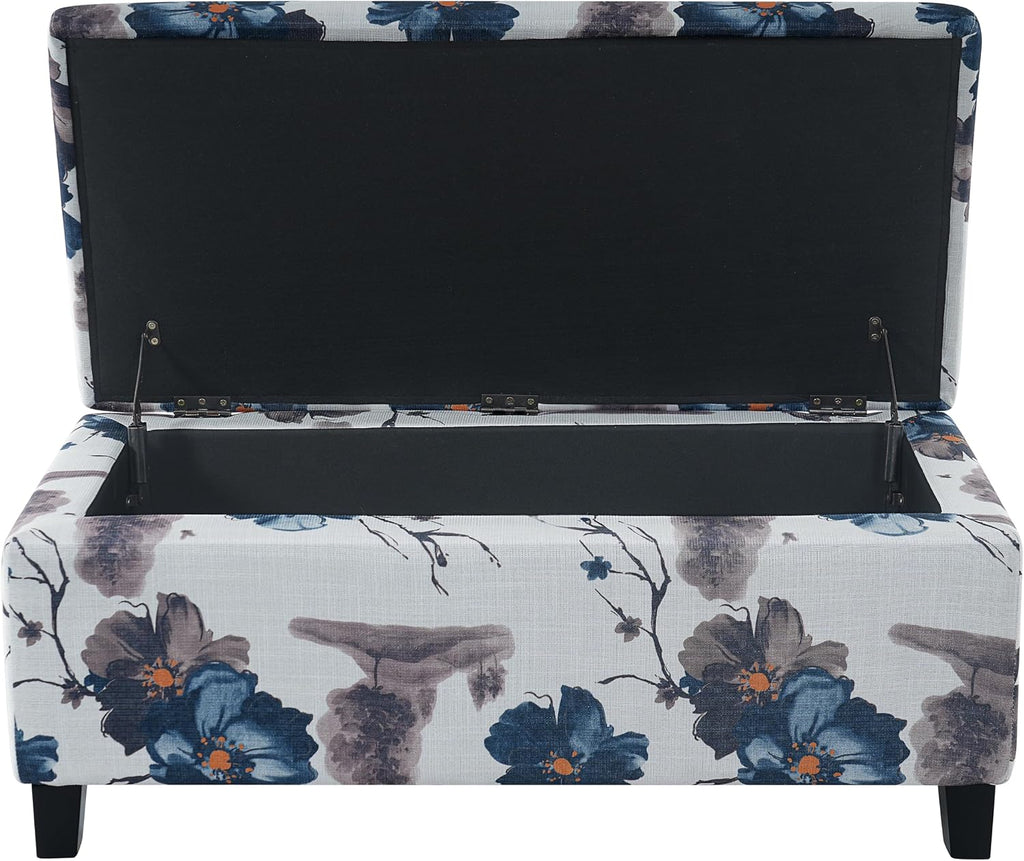 Christopher Knight Home Nesbit Living Room Ottoman with Storage, Entryway Fabric Upholstered Storage Ottoman Bench, Rectangular Sofa Foot Stool, Bedroom End of Bed Bench, Blue Flower+White