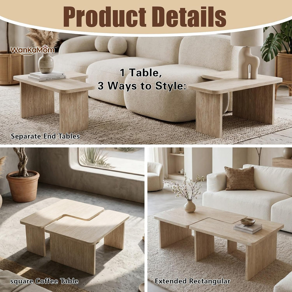 Nesting Modular Square Table Set, 2Pcs Living Room Furniture | Warm cream bei...