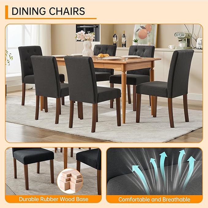 Upholstered Dining Chairs Set of 4, Button Tufted Parsons Chairs with Wood Legs and Padded Seat, Modern Fabric Side Chairs for Dining Room Kitchen Farmhouse Hotel, Black
