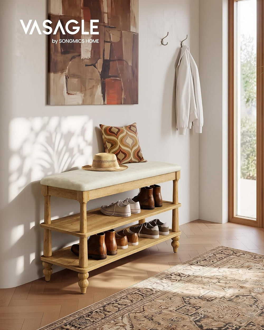 VASAGLE Mariel Collection - Shoe Bench, Wooden Entryway Bench with Padded Sea...