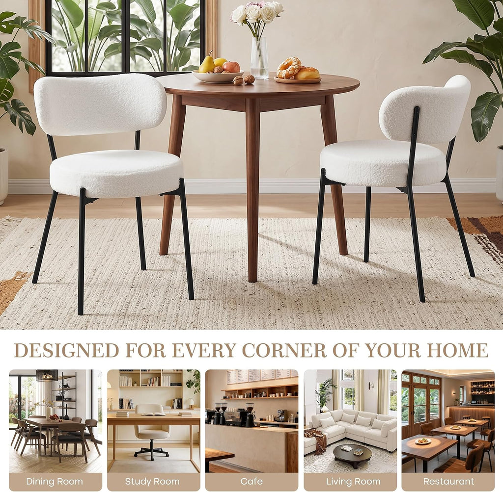 VECELO Dining Chairs Set of 4, Modern Mid Century Upholstered Kitchen Chairs with Curved Backrest and Black Metal Legs, for Kitchen, Dining Room, Living Room, White