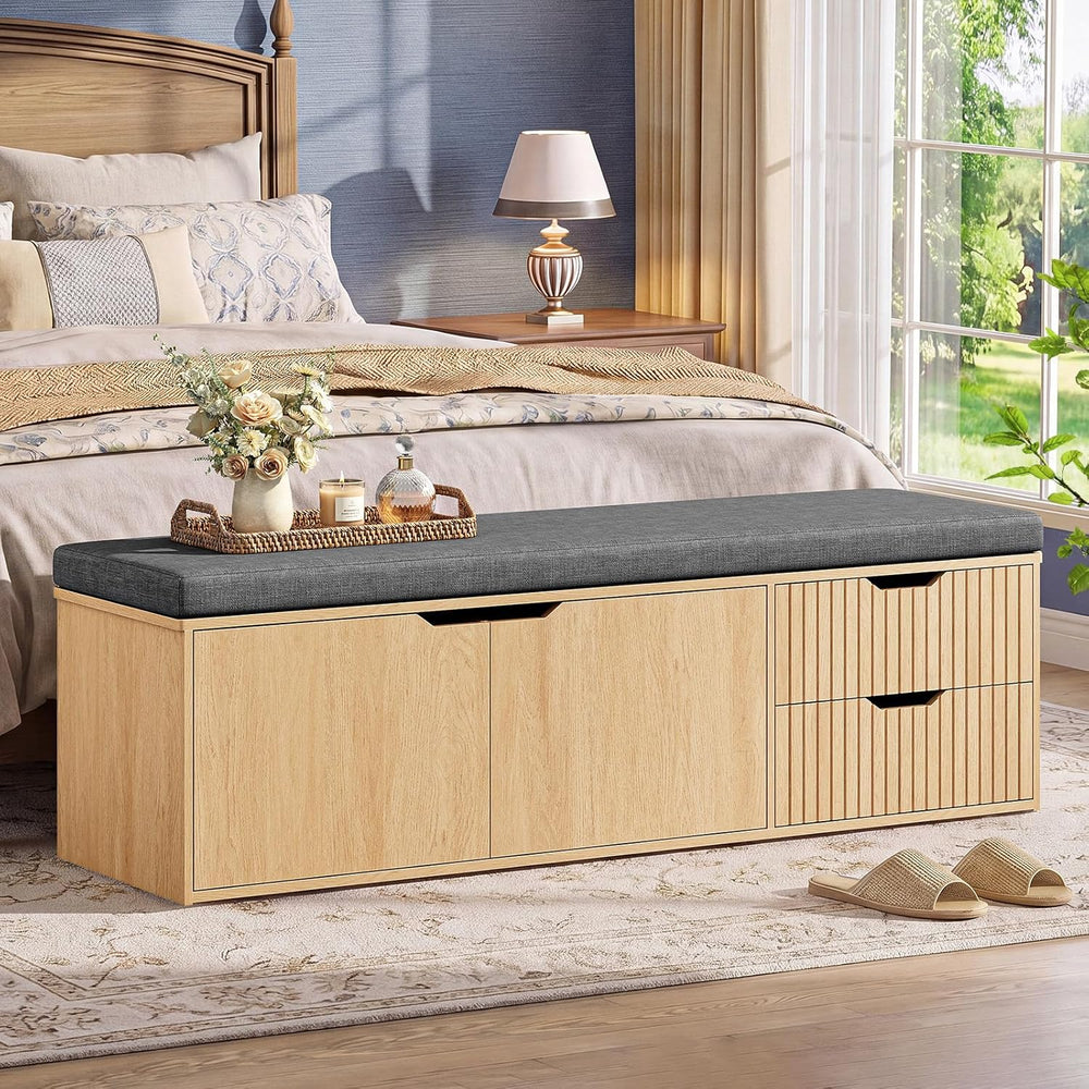59" Storage Bench with Drawer, 2-Tier Shoe Bench with Doors, Long Entryw...