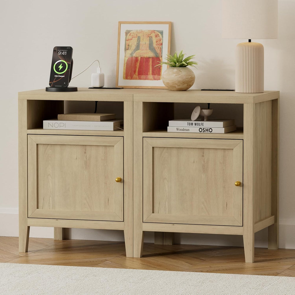 EYYTHUNG Farmhouse End Table with Charging Station Set of 2, Modern Nightstan...