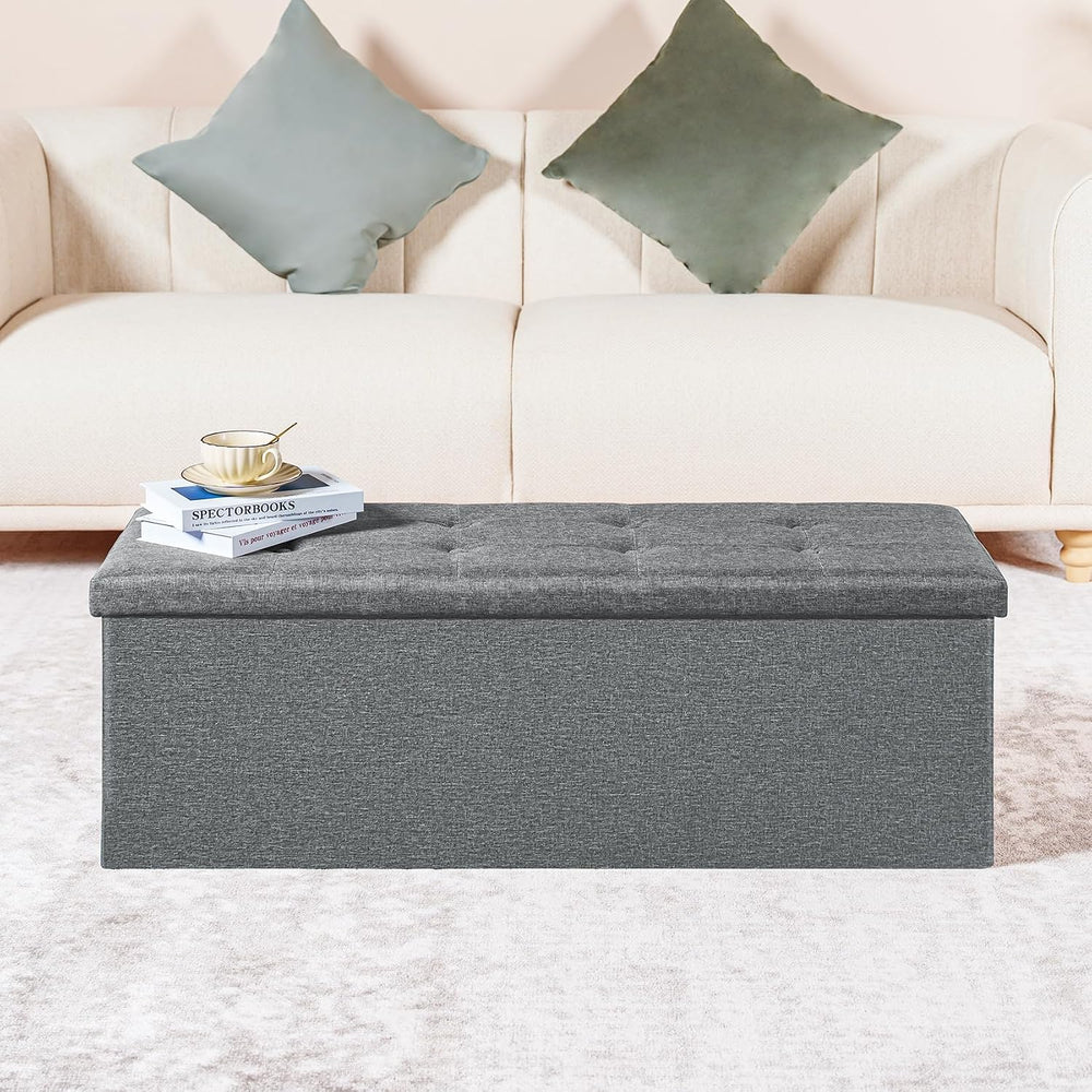 PINPLUS Folding Storage Ottoman Bench, Grey Linen | Linen Storage Chest with ...