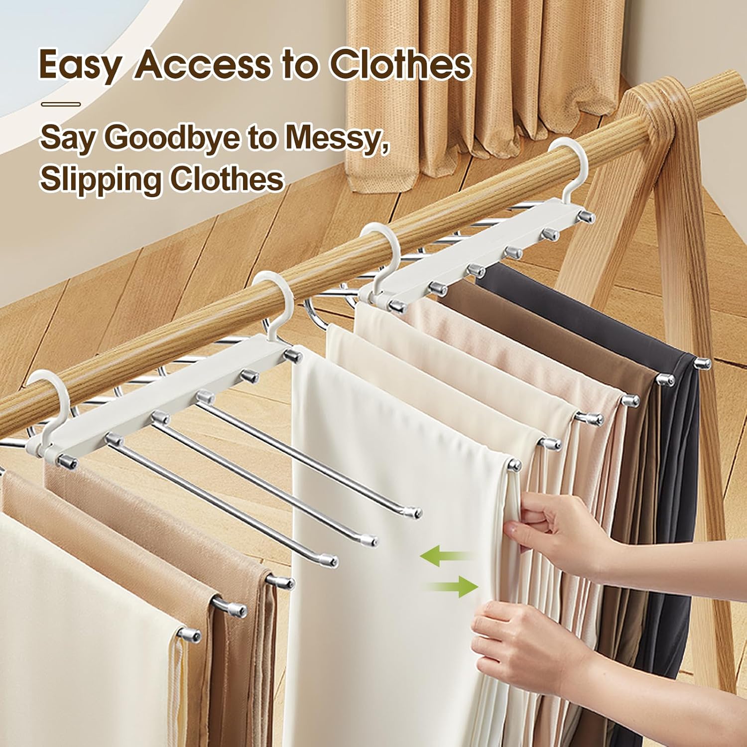 Space Saving Pants Hanger 6 Tier - Stainless Steel No Slip Multi Trouser Rack for Jeans, Slacks, Scarves - Vertical Folding Closet Organizer Saver for Men Women, 2 Pack