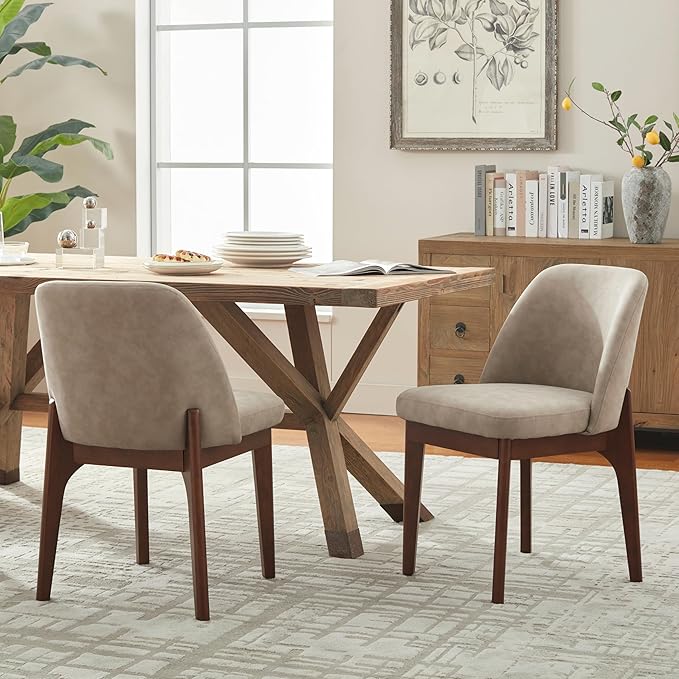 VKNOW Modern Dining Chairs Set of 2, Faux Leather Kitchen Chairs with Wood Legs, Upholstered Side Chair for Kitchen Dining Room, Taup