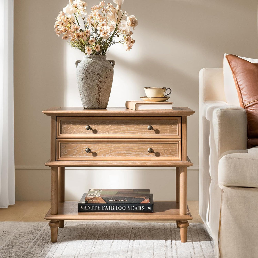 HULALA HOME Farmhouse Nightstand Set of 2 with Drawer & Open Shelf, Natur...