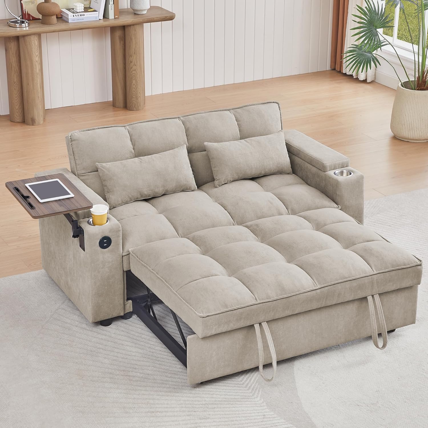 Auvsoce 65'' Convertible Sleeper Sofa Bed with Adjustable Backrest, Chaise Lounge, Side Table & USB/Type-C Ports – Stylish & Functional Addition to Any Living Room (Khaki)