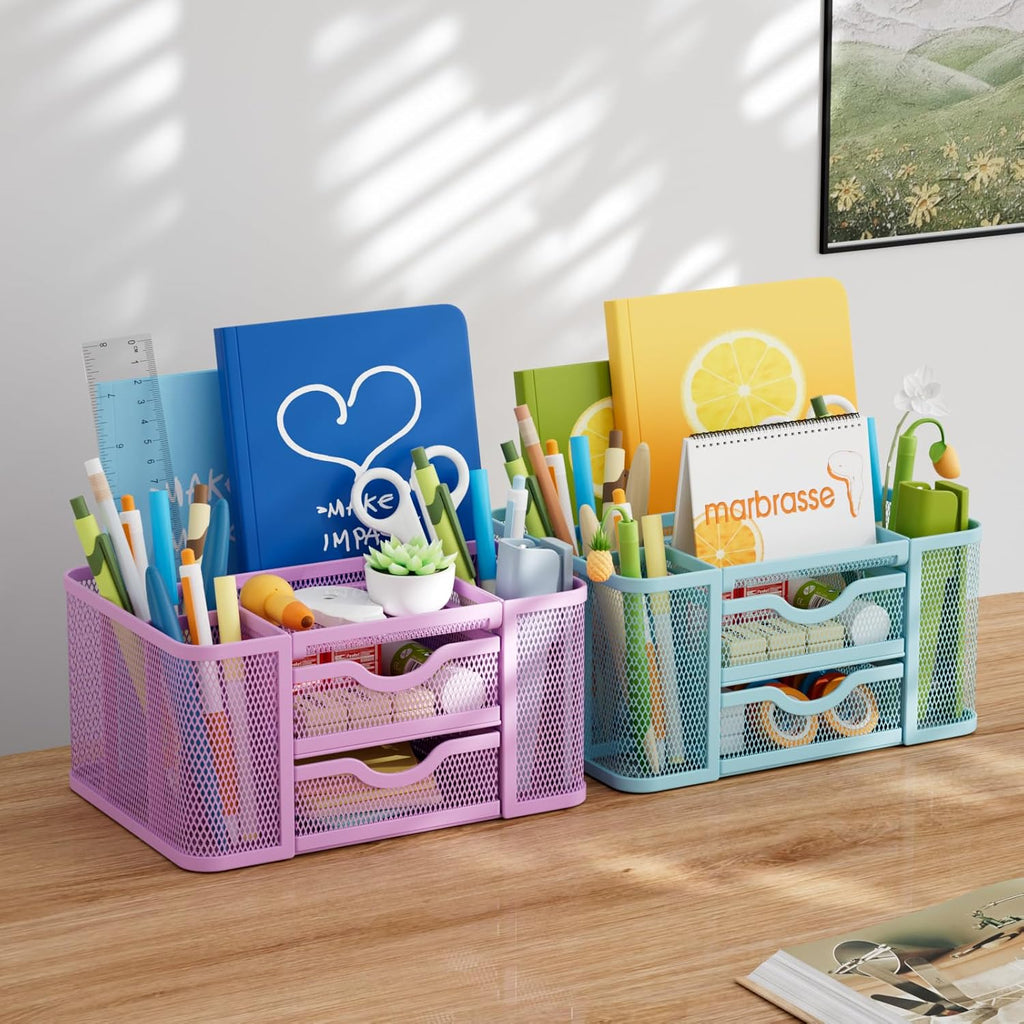 Marbrasse Mesh Desk Organizer, Pen Holder with 2 Drawer, Multi-Functional Pencil Holder, Desk Organizers and Accessories with 5 Compartments + Drawer for Office Art Supplies (Purple)