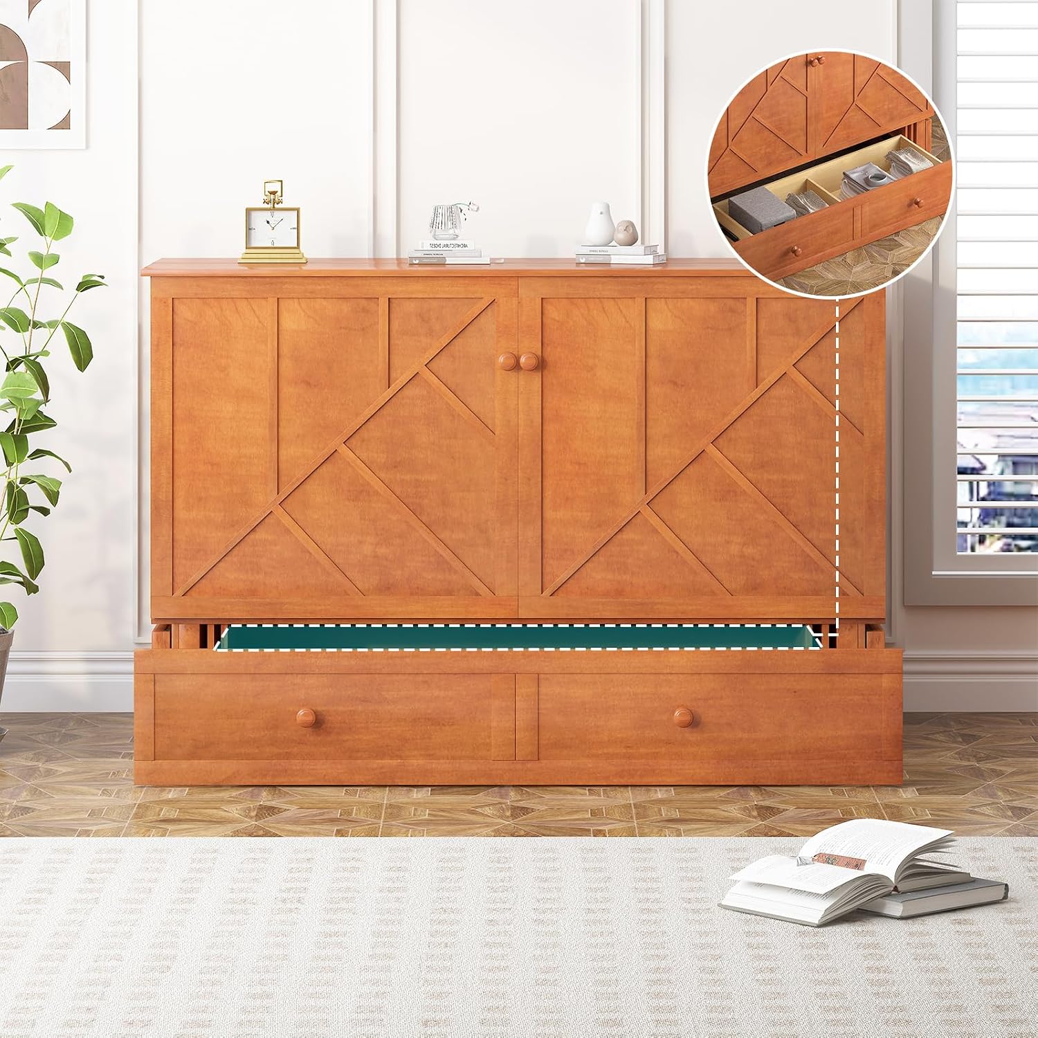 BALUS Murphy Cabinet Bed, Murphy Bed with Spacious Drawers,Queen Foldable Murphy Chest Bed with USB Charging Station for Living Room Apartment Bedroom,Cherry