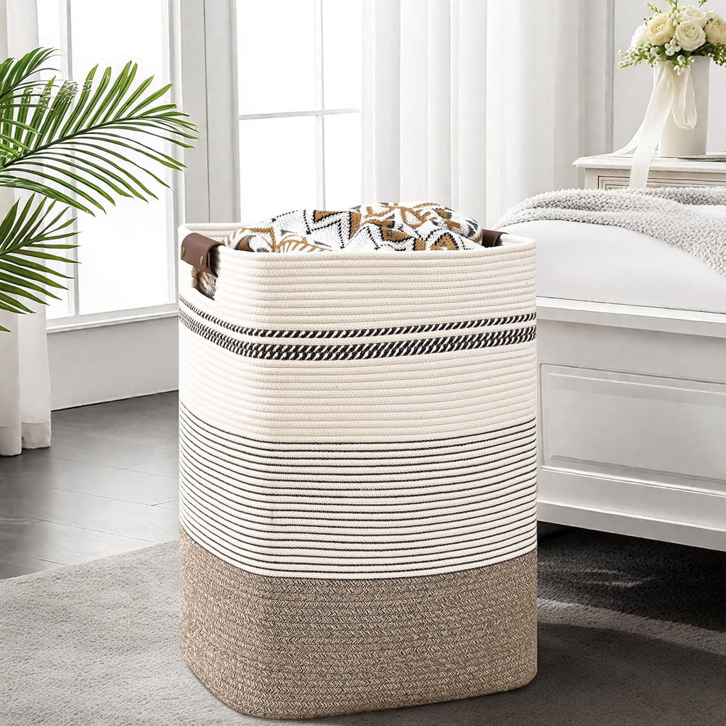 Laundry Hamper, 85L Tall Laundry Basket with Leather Handles, Rectangle Large Clothes Hamper for Organizing, Cotton Woven Laundry Baskets Storage Hampers for Bedroom, Nursery, Living Room
