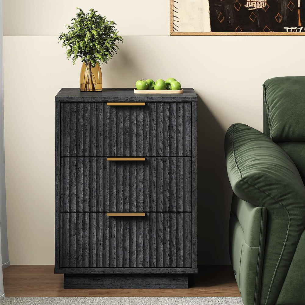 RoyalCraft Black Fluted Nightstand, Modern Bedside Table with 3 Large Storage...