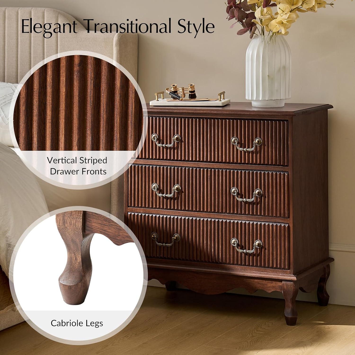 HULALA HOME Transitional Side Table Set of 2 with 3 Drawers and Charging Station, 28" Solid Paulownia Wood Sidetable with Vertical Stripe, Walnut