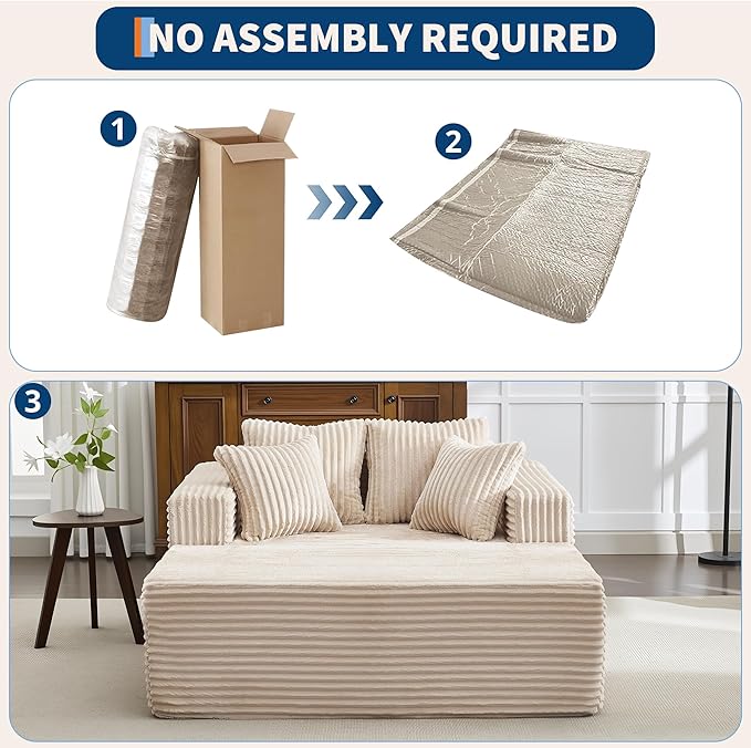 54.3"W Oversized Chaise Lounge Chair Indoor, Boneless Corduroy Sleeper Sofa Bed with 4 Pillows, Armrests, Comfy Fluffy Reading Couch, No Assembly Required Cloud Sofa for Living Room, Bedroom, Office