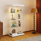 Tempered Glass Display Cabinet with Lights, 4-Tier Curio Cabinet with Glass Doors Wheels Two Locks, Glass Display Case for Collectibles for Living Room, Bedroom, Office, White, Double Door