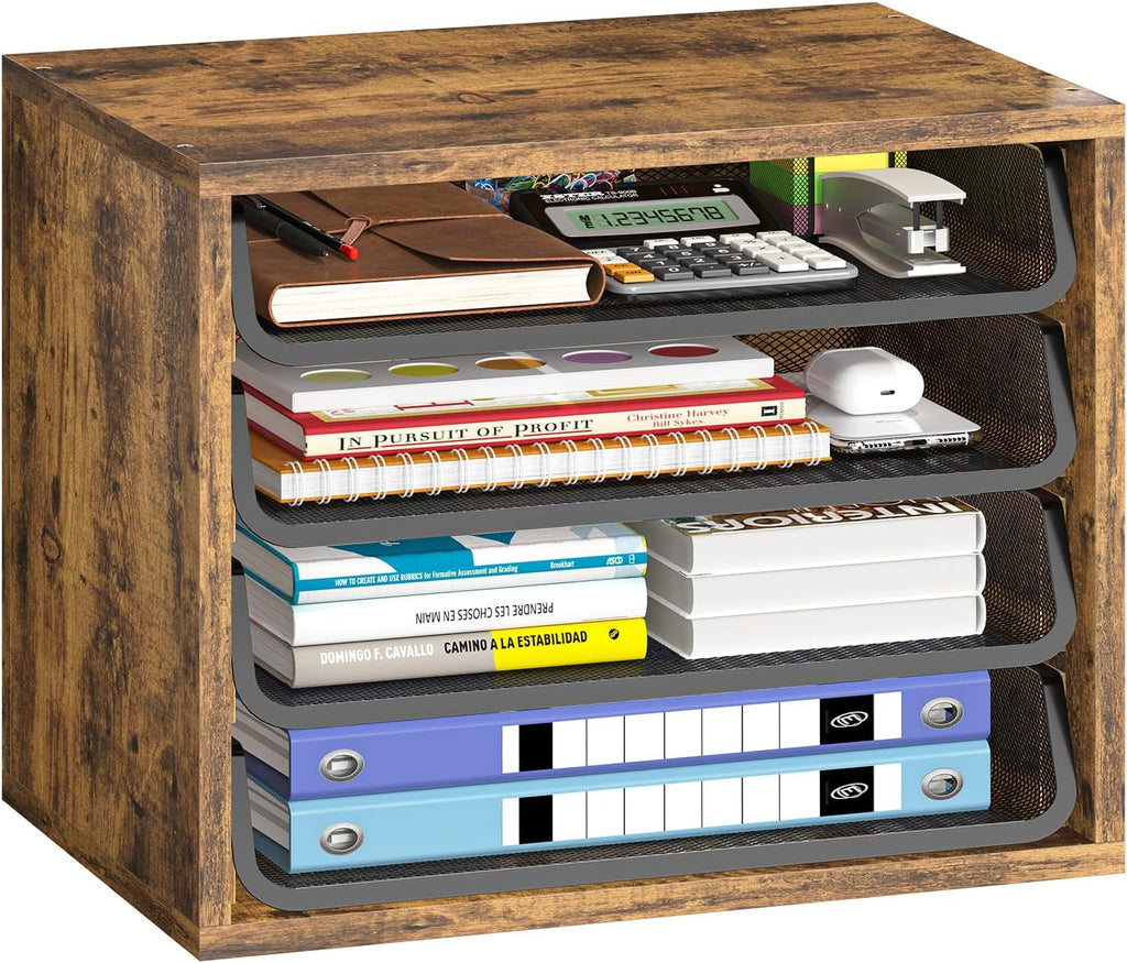 Simple Trending Desk File Organizers, 4-Tier Letter Tray Paper Organizer with File Holder, Wooden Paper Sorter for Office Supplies, Rustic Brown