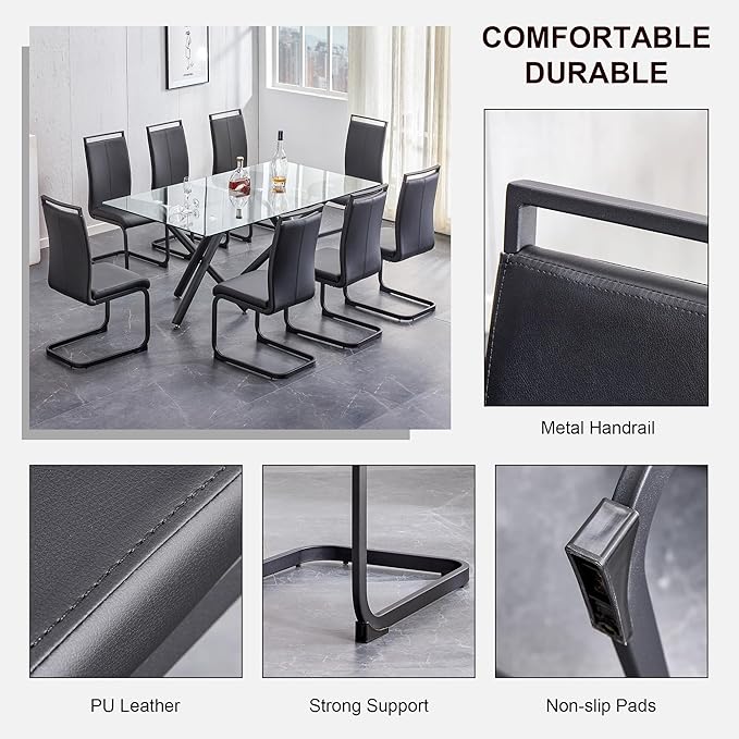 AZmac Modern Leather Dining Chairs Set of 8,Armless Kitchen Chairs,Dining Room Chairs with Upholstered Padded Seat and Sturdy Black Legs for Dining Room,Kitchen (Set of 8, Black-Black Leg)