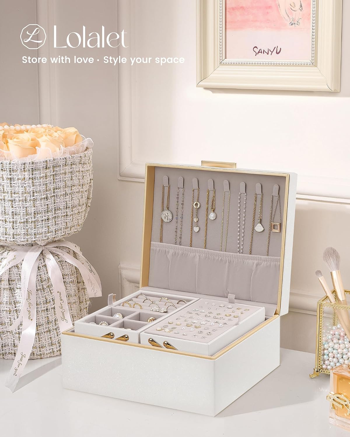 Lolalet Jewelry Box for Women Girls, 2 Layer Jewelry Organizer -Champagne | Jewellery Storage Case, Necklace Earrings Rings Bracelets Holder, Cnristmas Birthday Gifts for Mom Teen Girls Daughter